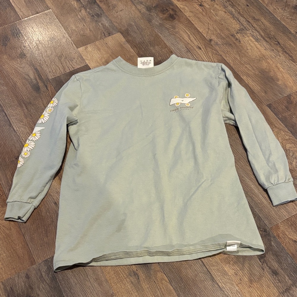 Simply Southern Kids Long Sleeve Shirt in Light Green with Daisy and Dog Print